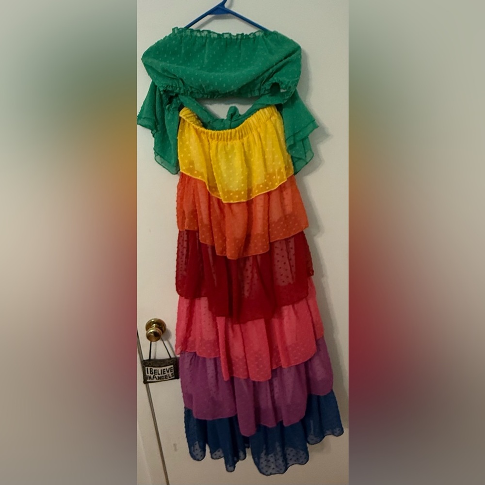 Rainbow 🌈 color, tiered, high waisted maxi skirt and crop top